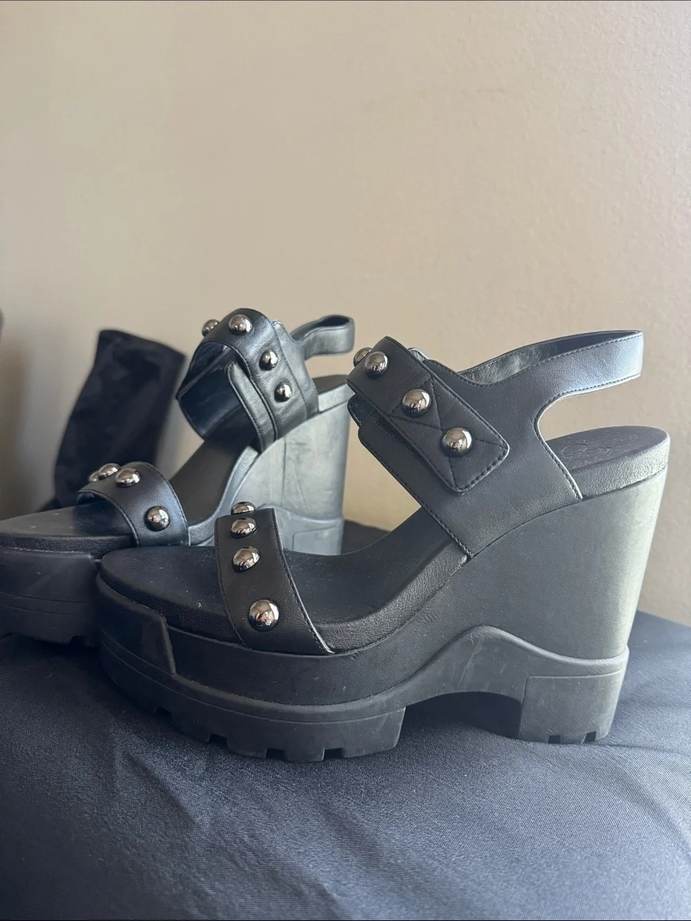 Black Studded Platform Sandals - Women